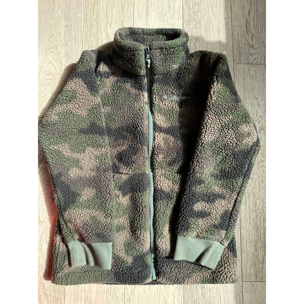 Columbia Kids Sherpa Fleece Jacket Camo Full Zip Mock Neck Green Brown Small 8